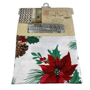 Christmas Shower Curtain Oh Holy Night Poinsettia Pine Hooks New